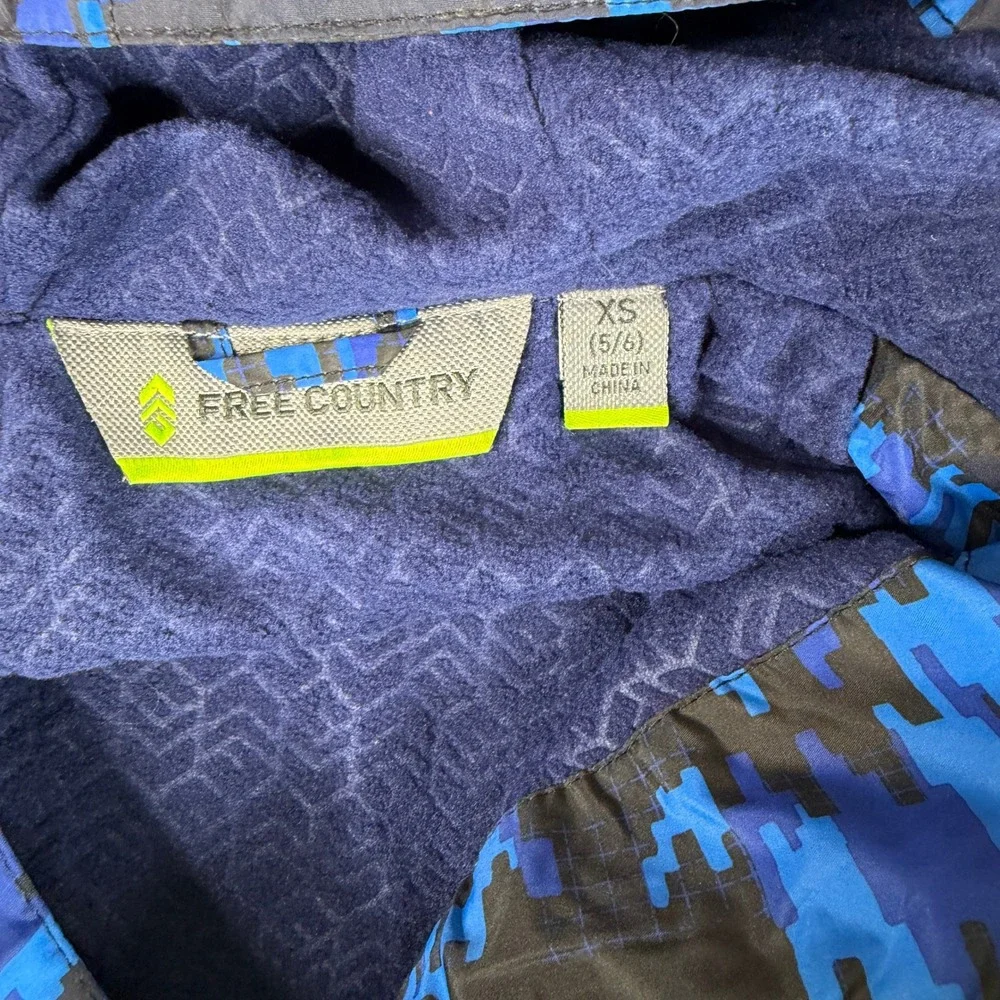 Free Country Jacket Boy XS 5/6 Blue Digital Camo Windshear Hood Fleece Lined Zip
